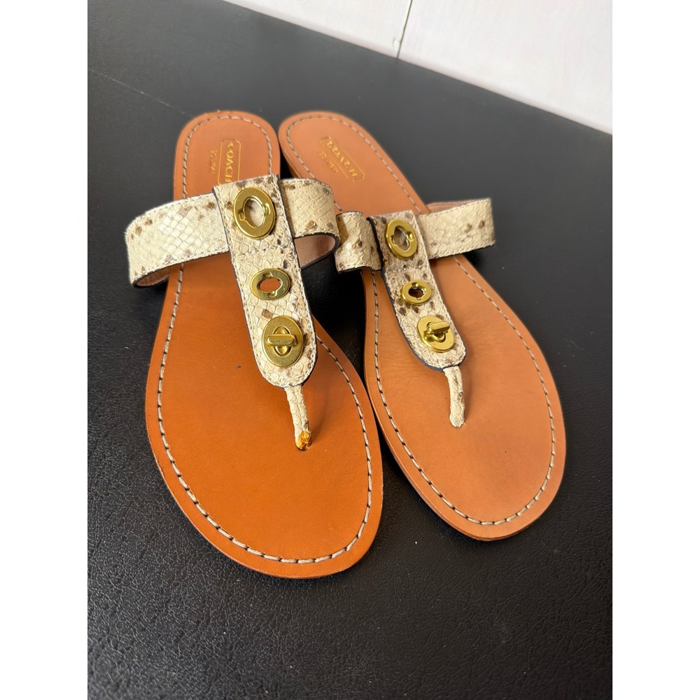 Coach Womens Beige Snakeskin Leather Thong Turnlock Flat Sandals 9 B